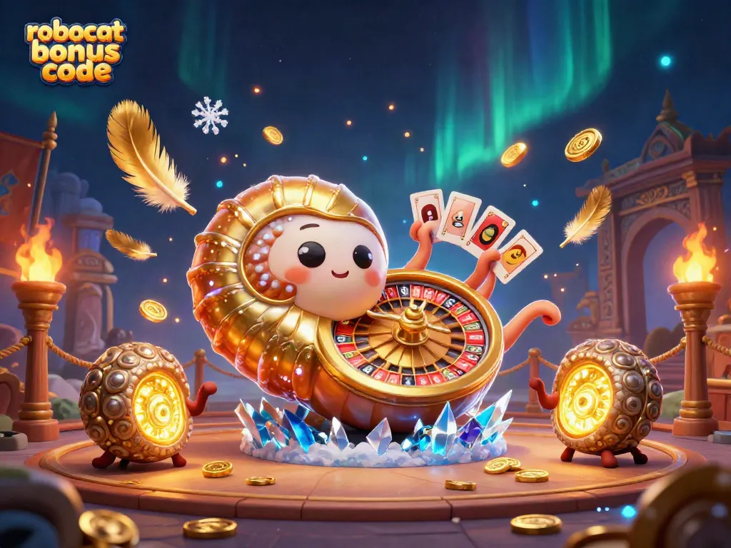 Win big with the robocat bonus code at this vibrant casino illustration featuring a 3D nautilus and gold coins.