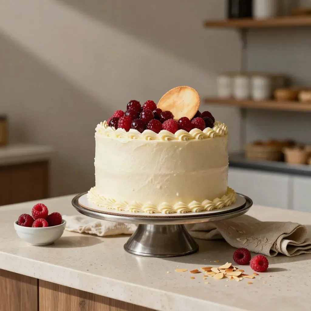 Tarta de celebración de dos pisos con frutas rojas sobre base metálica, en una mesa de pastelería.