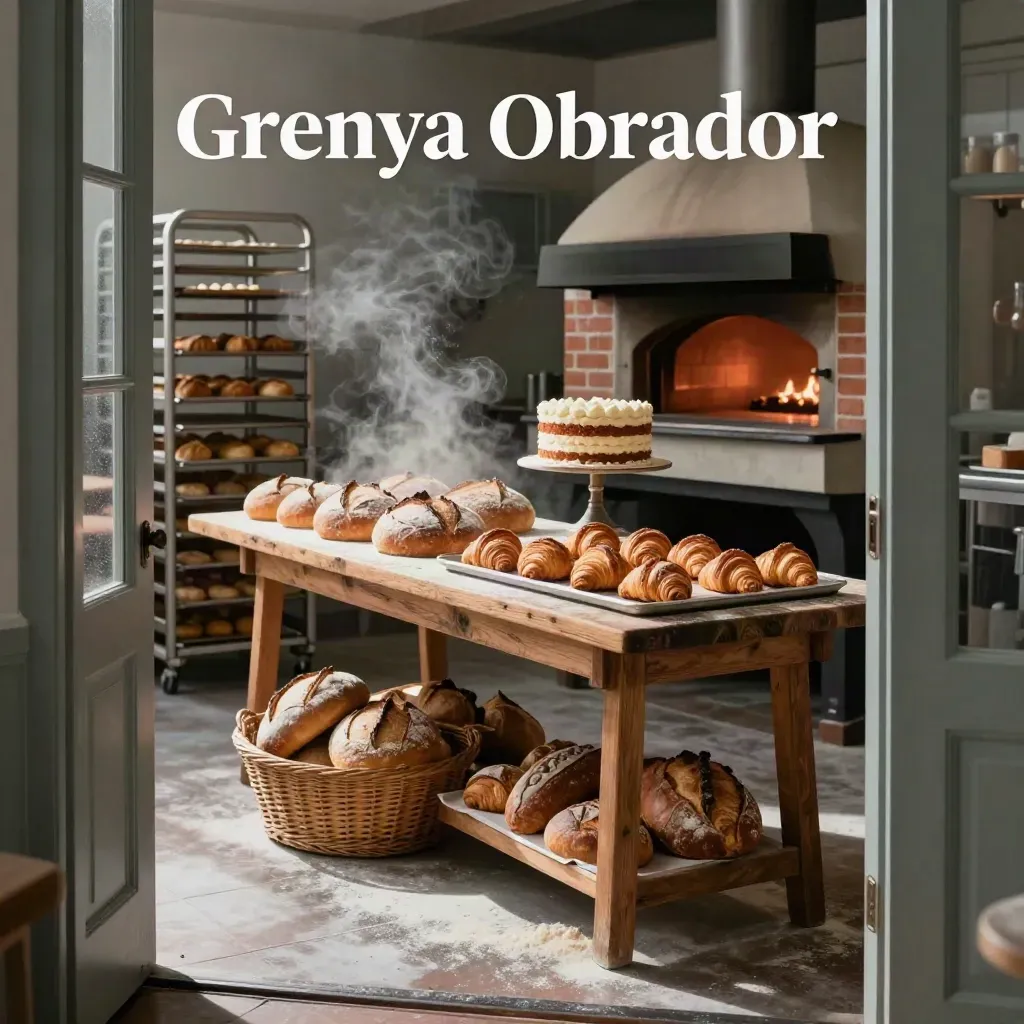 Interior de obrador artesanal con hogazas, croissants y tarta junto al horno.