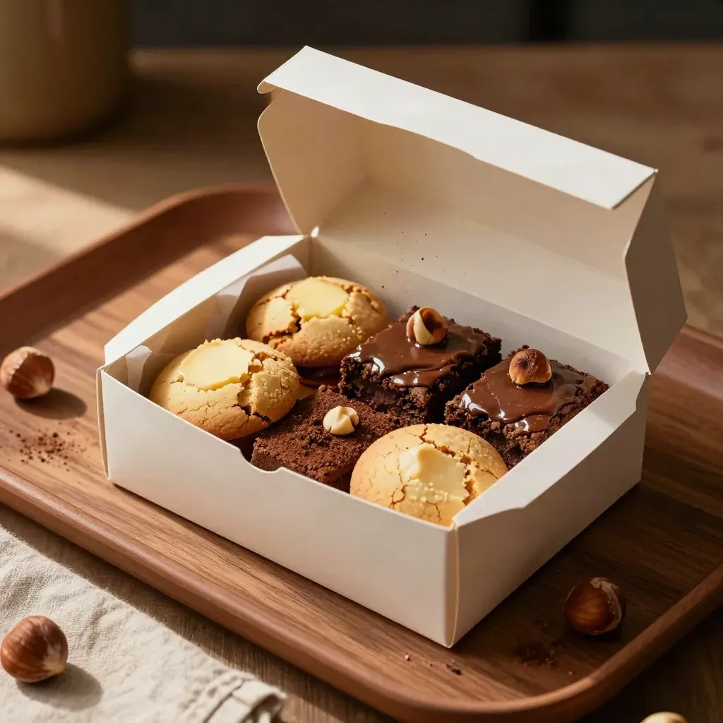 Caja regalo abierta con galletas, brownies y avellanas sobre seda, vista cenital cercana.