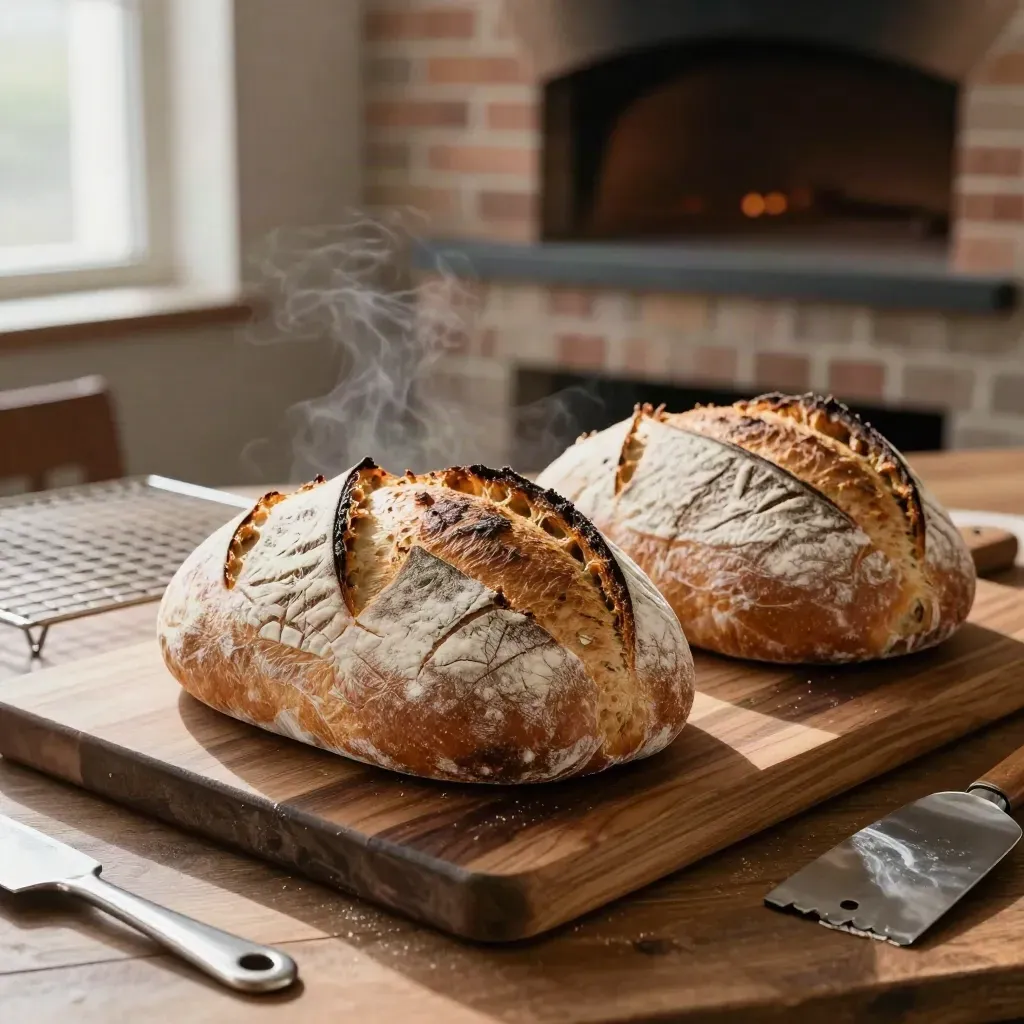 Dos hogazas de masa madre enfriándose junto a un horno de ladrillo, con miga visible.