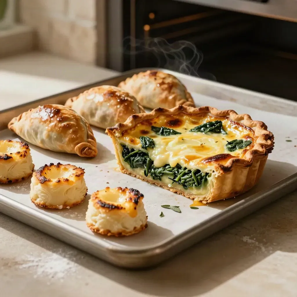 Bandeja de quiche de espinaca, empanadillas de pisto y bocados de queso recién horneados.