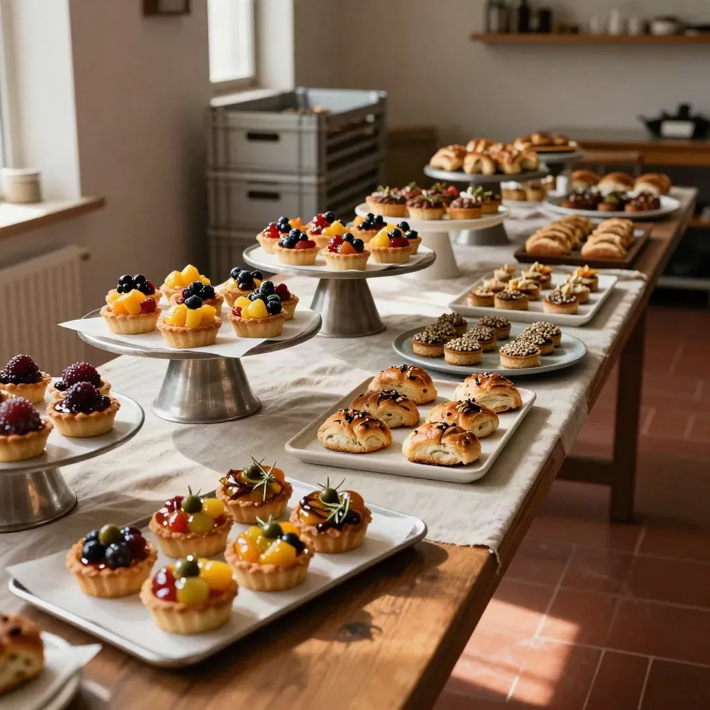 Tabla de catering con tartaletas y focaccias en un obrador cálido y elegante.