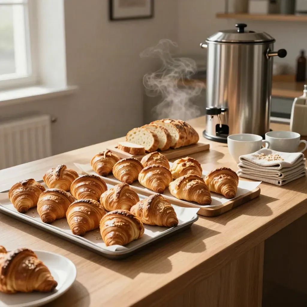 Buffet de desayuno con croissants, hogazas y café listo en un mostrador cálido