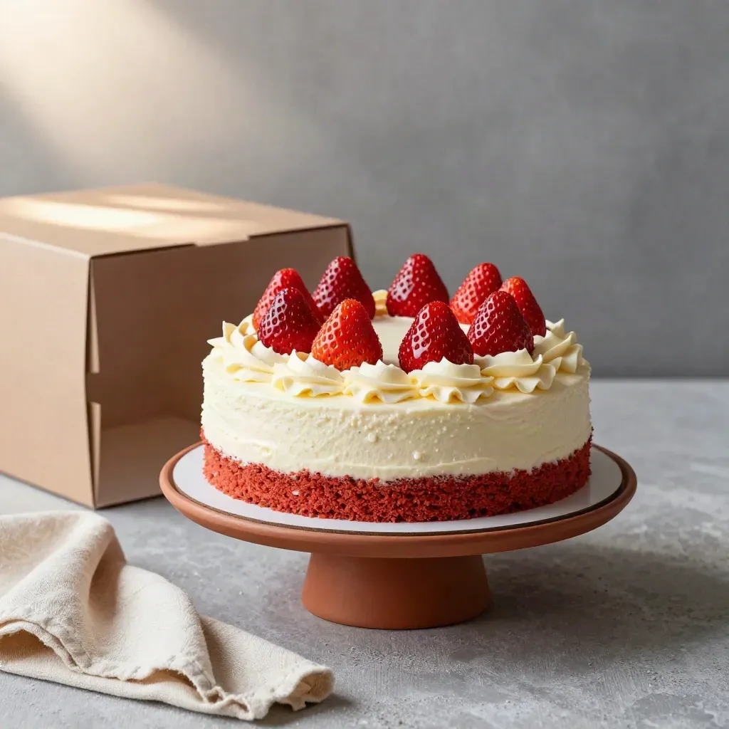 Tarta roja con fresas y crema sobre pedestal, recién entregada y abierta la caja.