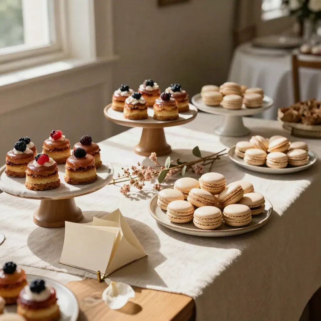 Mesa dulce de boda íntima con mini tartas, macarons, rosquillas y flores secas en lino natural.