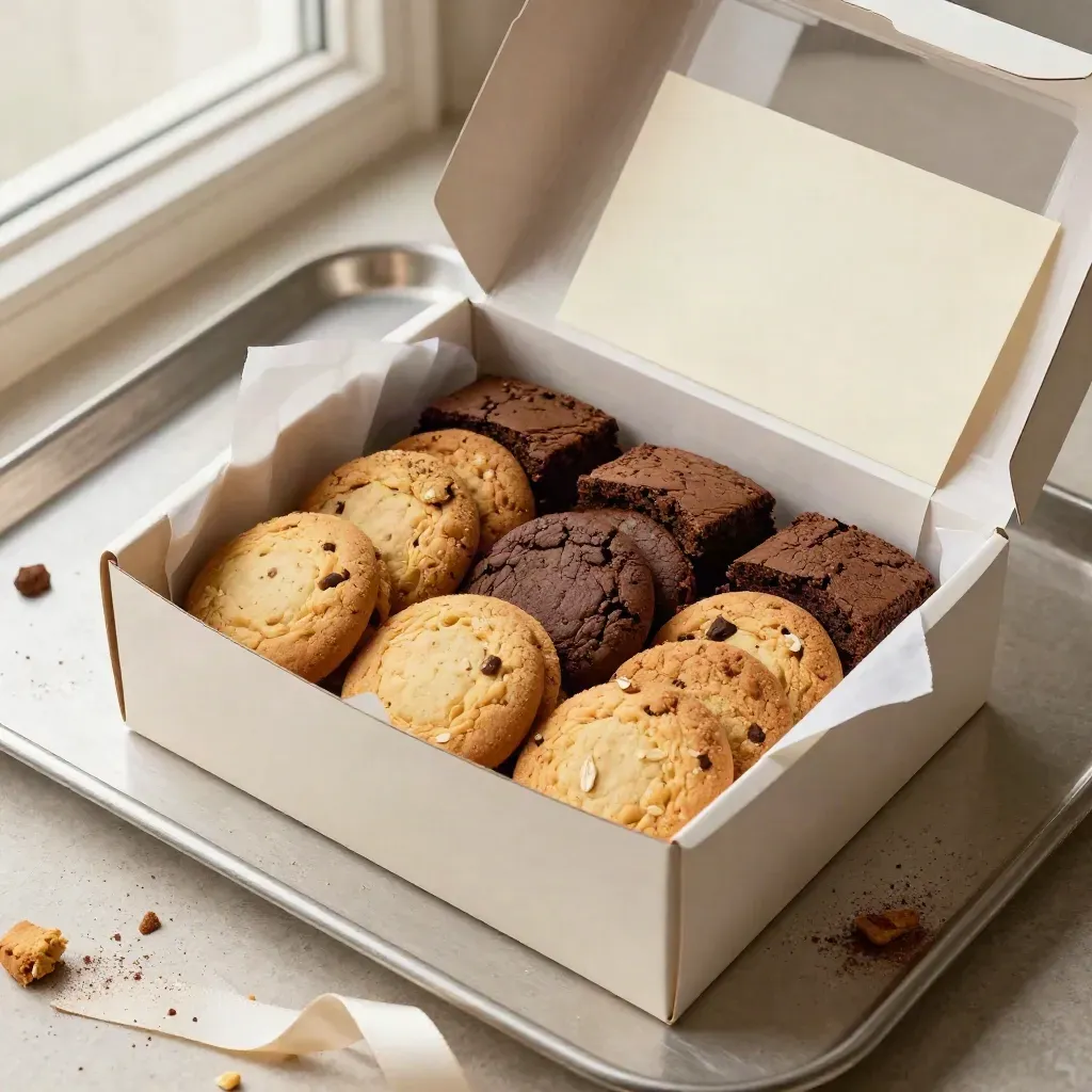 Caja regalo abierta con galletas, brownies, tarjeta marfil y migas sobre piedra clara.