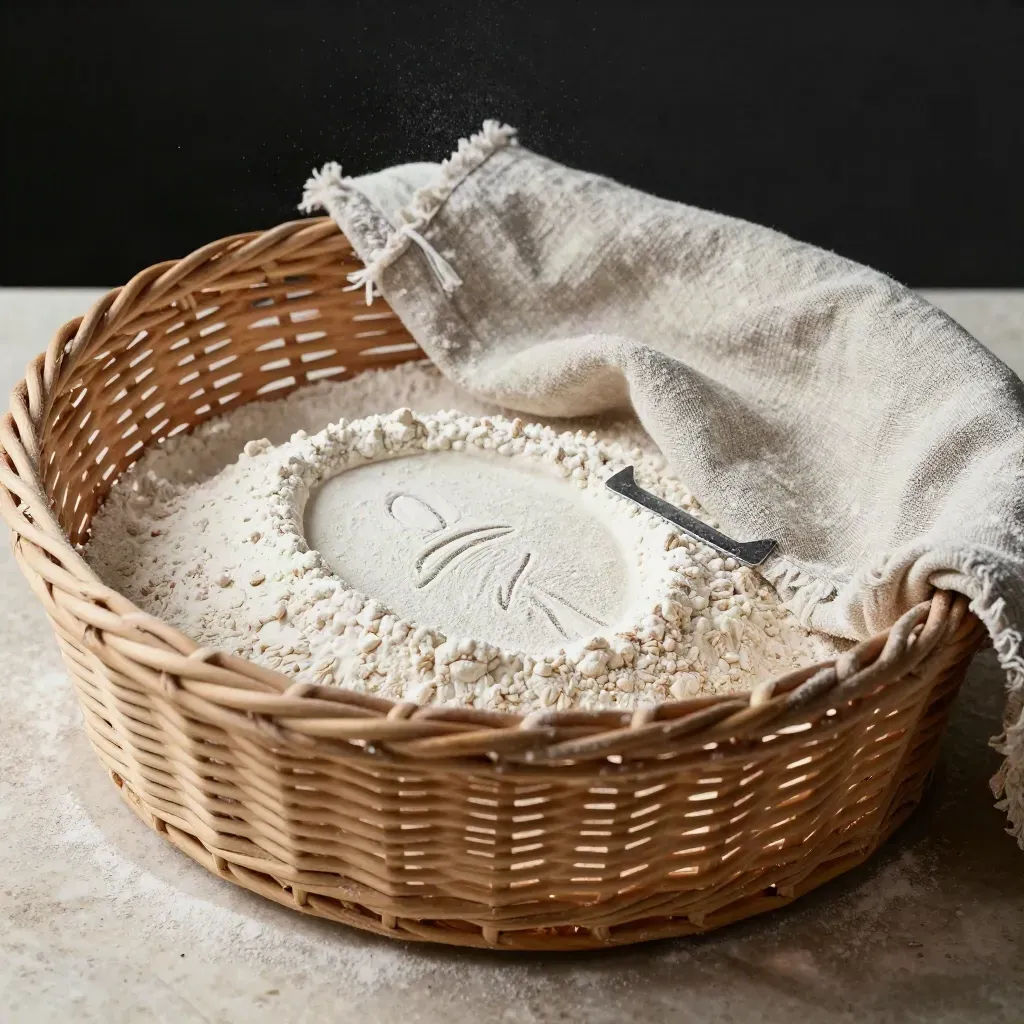 Cesta banneton de mimbre con harina, cuchilla de greñado y paño de lino sobre travertino.