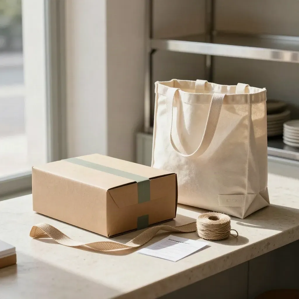 Caja kraft, bolsa térmica y cuerda de yute sobre mostrador de obrador con luz suave.