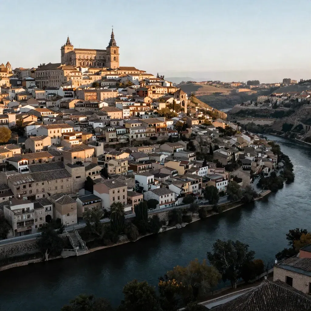 Toledo sobre el Tajo al atardecer, con la ciudad alta y el río curvando abajo