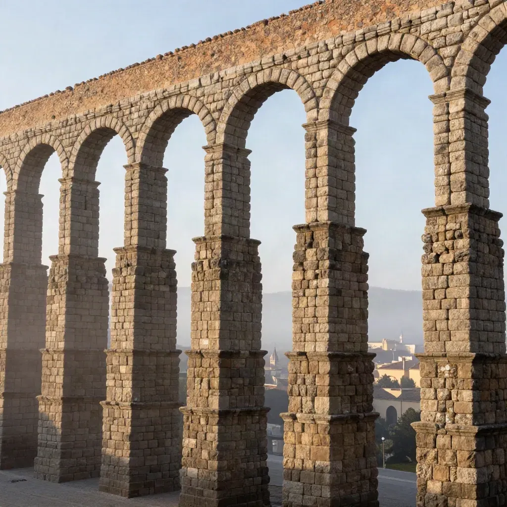 Acueducto de Segovia en niebla dorada con la ciudad al fondo