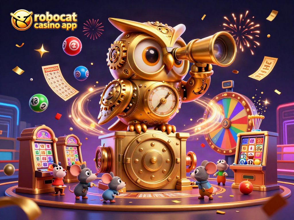 Experience winning excitement with the robocat casino app surrounded by colorful gaming elements.